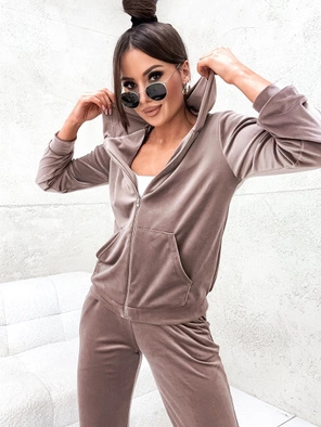 Cappuccino welurowy dres gładki komplet z szerokimi spodniami