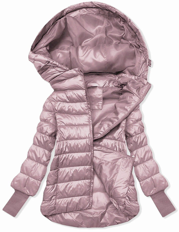 Srebrna zimowa kurtka pikowana z kapturem z długimi ściągaczami zapinana na suwak