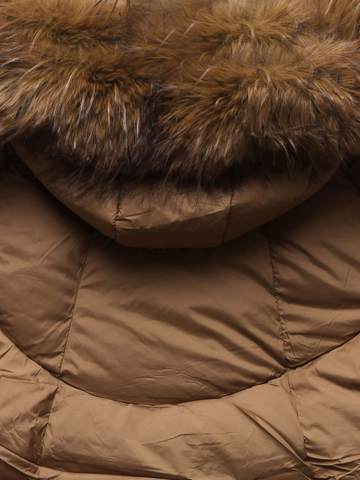 Karmelowa kurtka zimowy długi płaszcz z dużym kapturem