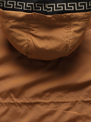 Karmelowa damska kurtka z lamówką w geometryczne wzory