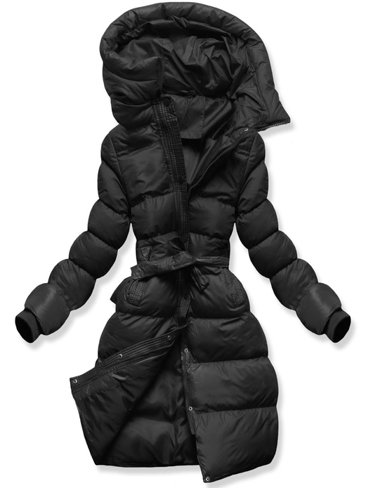 Czarna genialna zimowa pikowana kurtka damska z kapturem