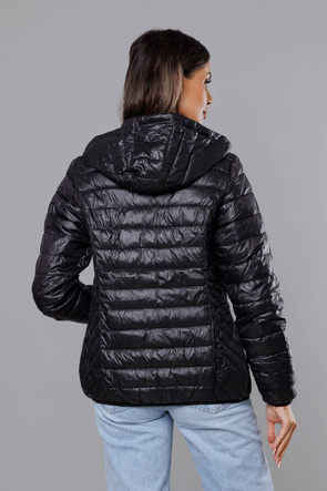 Czarna modna przejściowa pikowana kurtka z kapturem