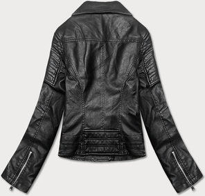 Czarna ekoskóra kurtka ramoneska zapinana na skos z klapami i ozdobnymi przeszyciami