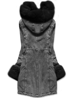 Czarna jeansowa zimowa kurtka płaszczyk futro