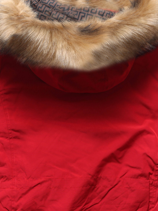 Czerwono brązowa dwustronna damska kurtka pikowana z kapturem