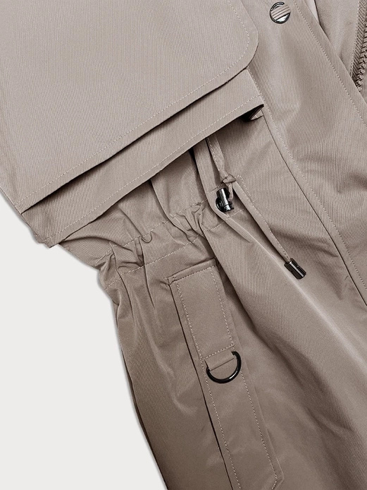 Ciemnobeżowy unikalny przejściowy płaszczyk damski parka z kapturem z motywem w kratę