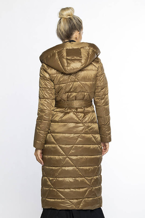 Złotobrązowy cudowny długi płaszcz kurtka pikowana z kapturem