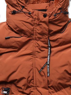 Czerwono brązowy długi płaszczyk kurtka zimowa - na ciepłym misiu z kapturem