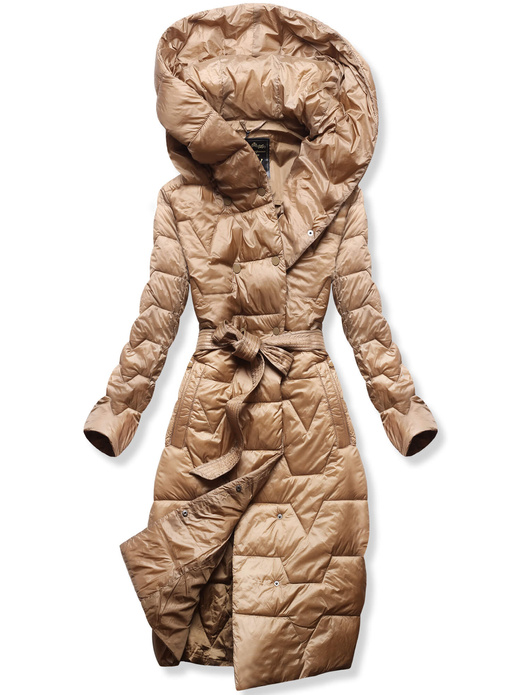 Karmelowy damski pikowany płaszcz zimowy z paskiem