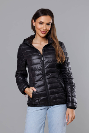 Czarna modna przejściowa pikowana kurtka z kapturem