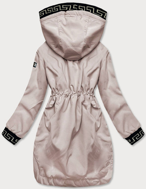 Beżowa kurtka płaszcz parka z ozdobnymi lampasami we wzory z kapturem