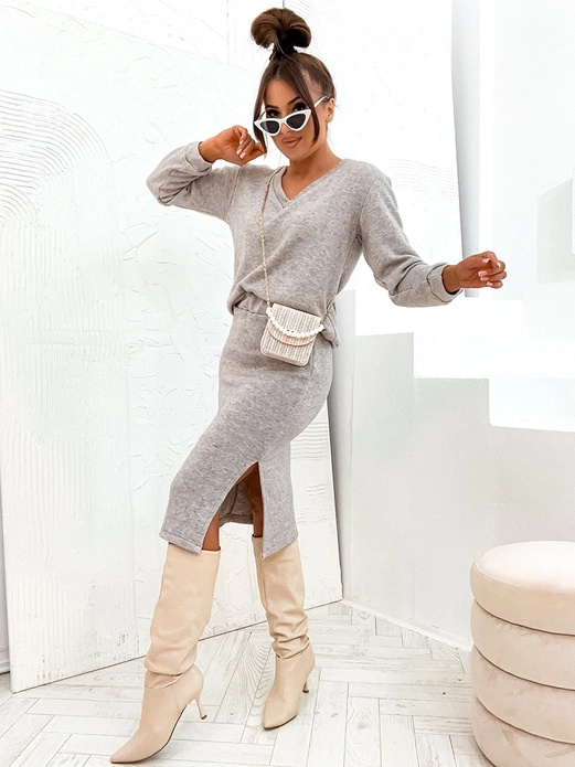 Szary melanż dzianinowy komplet damski bluzka i spódnica