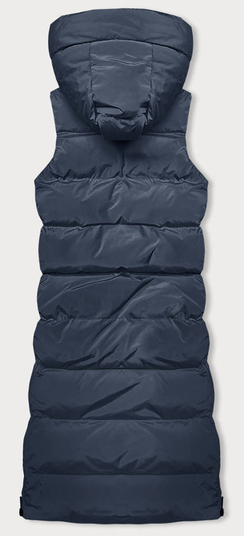 Granatowy puchowy długi bezrękawnik kamizelka z kapturem