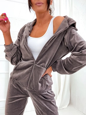 Brązowy damski welurowy gładki dres komplet z rozpinaną bluzą