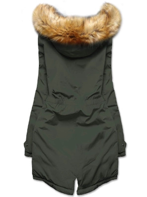 Zielono szara długa dwustronna ciepła kurtka parka z kapturem z odpinanym futerkiem