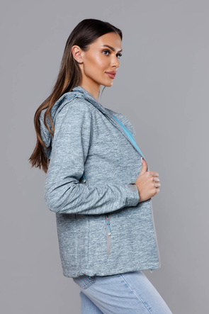 Szara melanżowa niebieska przejściowa sportowa kurtka softshell z odpinanym  kapturem