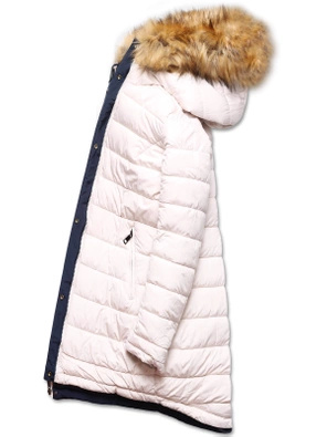 Granatowo beżowa długa dwustronna ciepła kurtka parka z kapturem z odpinanym futerkiem