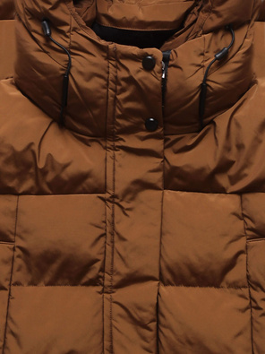 Karmelowy długi płaszczyk kurtka zimowa - na ciepłym misiu z kołnierzem