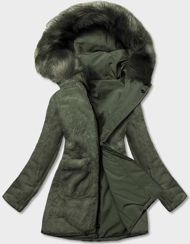 Khaki dwustronna zimowa parka na futrze
