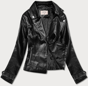 Czarna kurtka gładka ekoskóra ramoneska zapinana na skos z klapami prosty krój