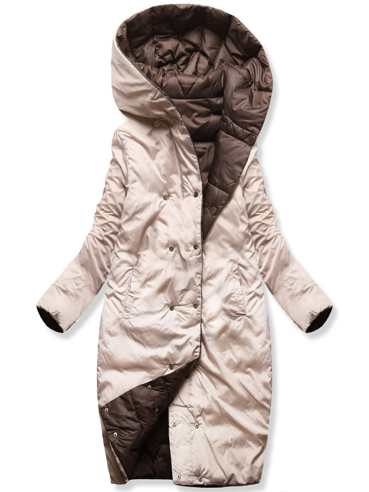 Czekoladowo beżowy dwustronny zimowy damski płaszcz z kapturem i paskiem