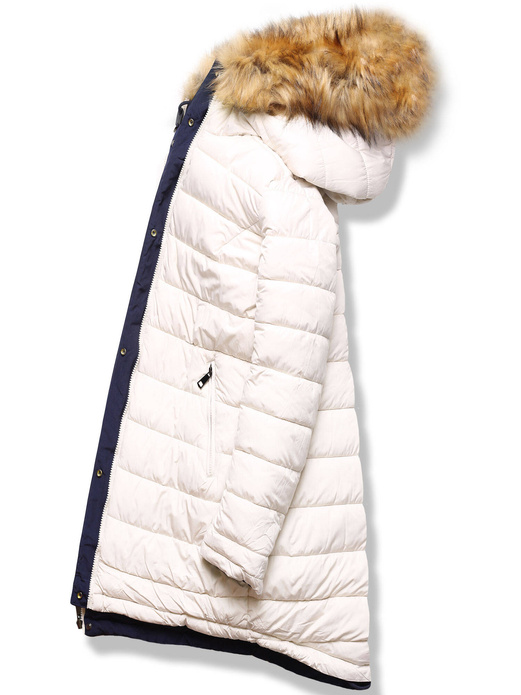 Granatowa Beżowa długa dwustronna ciepła kurtka parka z kapturem z odpinanym futerkiem