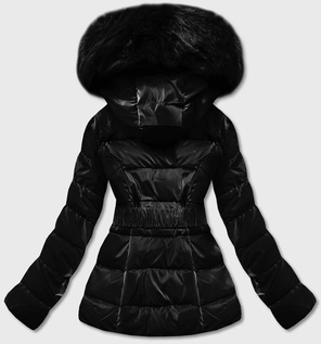 Czarna pikowana zimowa czadowa błyszcząca kurtka z futerkiem