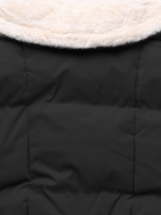 Czarna pikowana zimowa kurtka płaszcz z kołnierzem na kożuchu