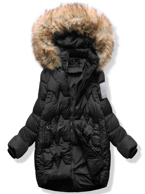 Czarna śliczna trapezowa pikowana zimowa damska kurtka z kapturem