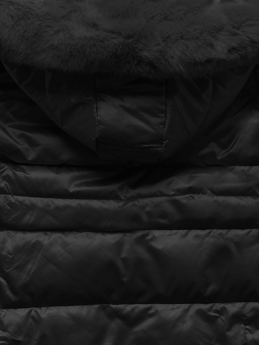 Czarna śliczna pikowana zimowa kurtka damska z kapturem