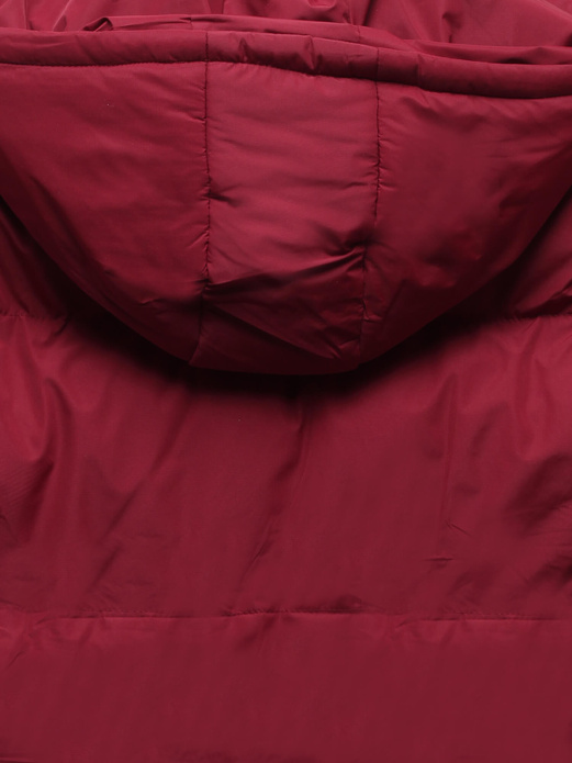 Bordowa zimowa krótka pikowana kurtka z kapturem