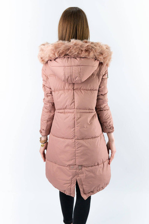 Pudrowa długa ciepła zimowa kurtka damska z kapturem 