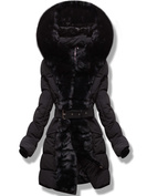 Czarny płaszcz zimowy z futrem i paskiem