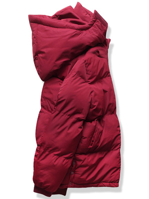 Bordowa zimowa krótka pikowana kurtka z kapturem