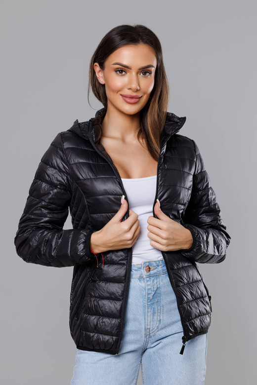 Czarna modna przejściowa pikowana kurtka z kapturem