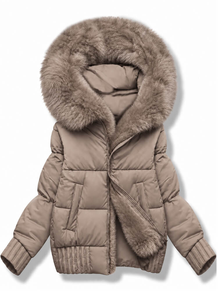 Damska zimowa kurtka puffer z futrzanym kapturem beżowa netmoda