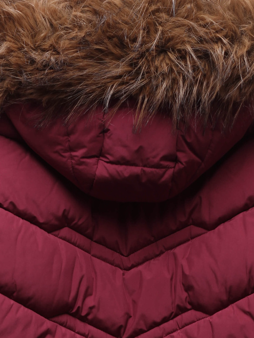 Bordowa trapezowa pikowana zimowa damska kurtka z kapturem