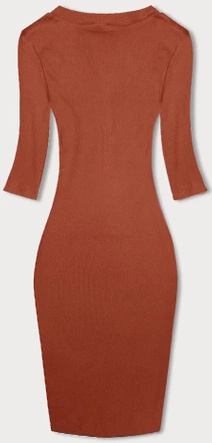 Pomarańczowa, klasyczna wyszczuplająca, prążkowana sukienka, basic elegance z rękawem 3/4