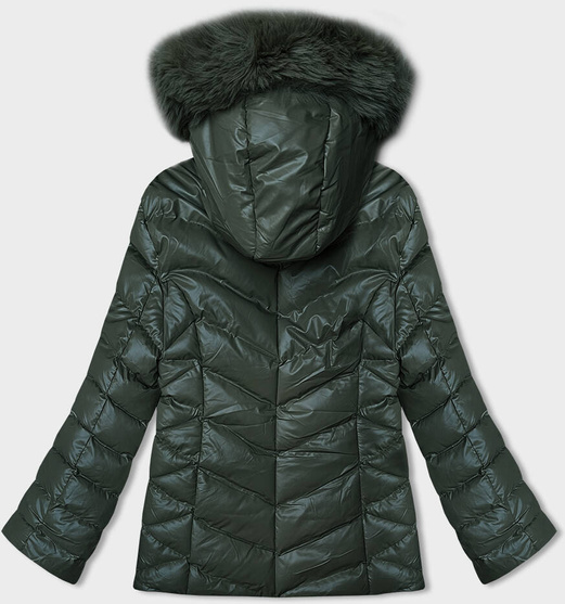 Ciemnozielona z bezowym futrem kurtka zimowa pikowana z kapturem