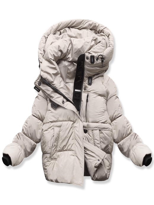 Beżowa damska puchowa zimowa damska kurtka z unikalnym kapturem