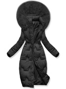 Czarna długa zimowa unikalnie pikowana damska kurtka z kapturem