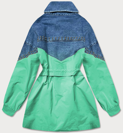 Damska kurtka jeans denim z łączonych materiałów niebiesko-zielona (pffs12233)