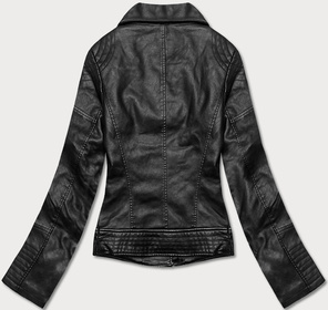 Czarna kurtka ekoskóra ramoneska zapinana na skos z klapami i ozdobnymi przeszyciami