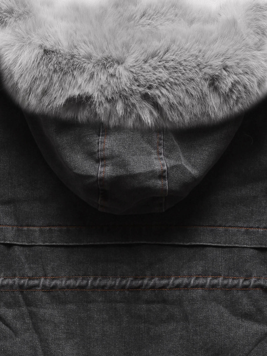 Czarno szara zimowa jeansowa kurtka parka na futrze