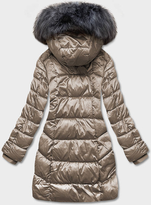 Beżowa długa błyszcząca zimowa pikowana kurtka