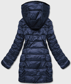 Granatowa długa fantastyczna dwustronna zimowa pikowana kurtka futerko