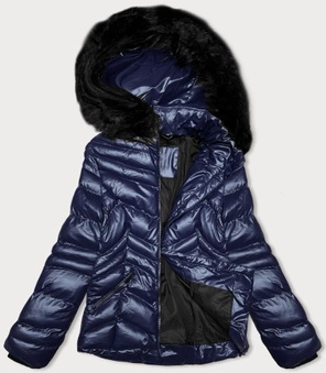 Śliwkowa zimowa kurtka pikowana z odpinanym kapturem z futerkiem