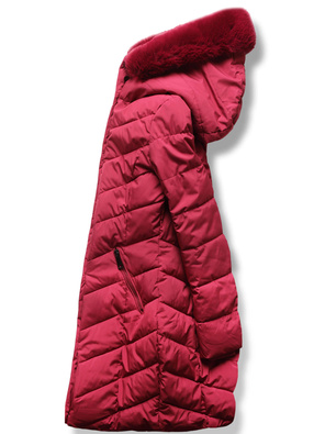 Bordowa długa wyszczuplająca pikowana kurtka w jodełkę z kapturem