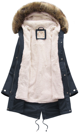 Granatowa zimowa ciepła kurtka parka na futrze