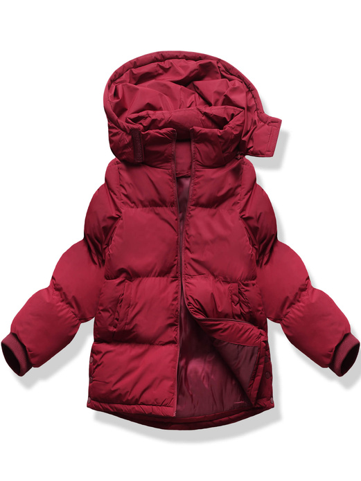 Bordowa zimowa krótka pikowana kurtka z kapturem